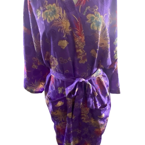 Shanghai Soho Purple Asian  Floral Patterned Silky Satin Robe Short Vibrant S/M - Picture 5 of 10